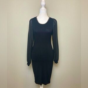 Black sheer long sleeve midi bodycone embellished crew neck knit woman dress